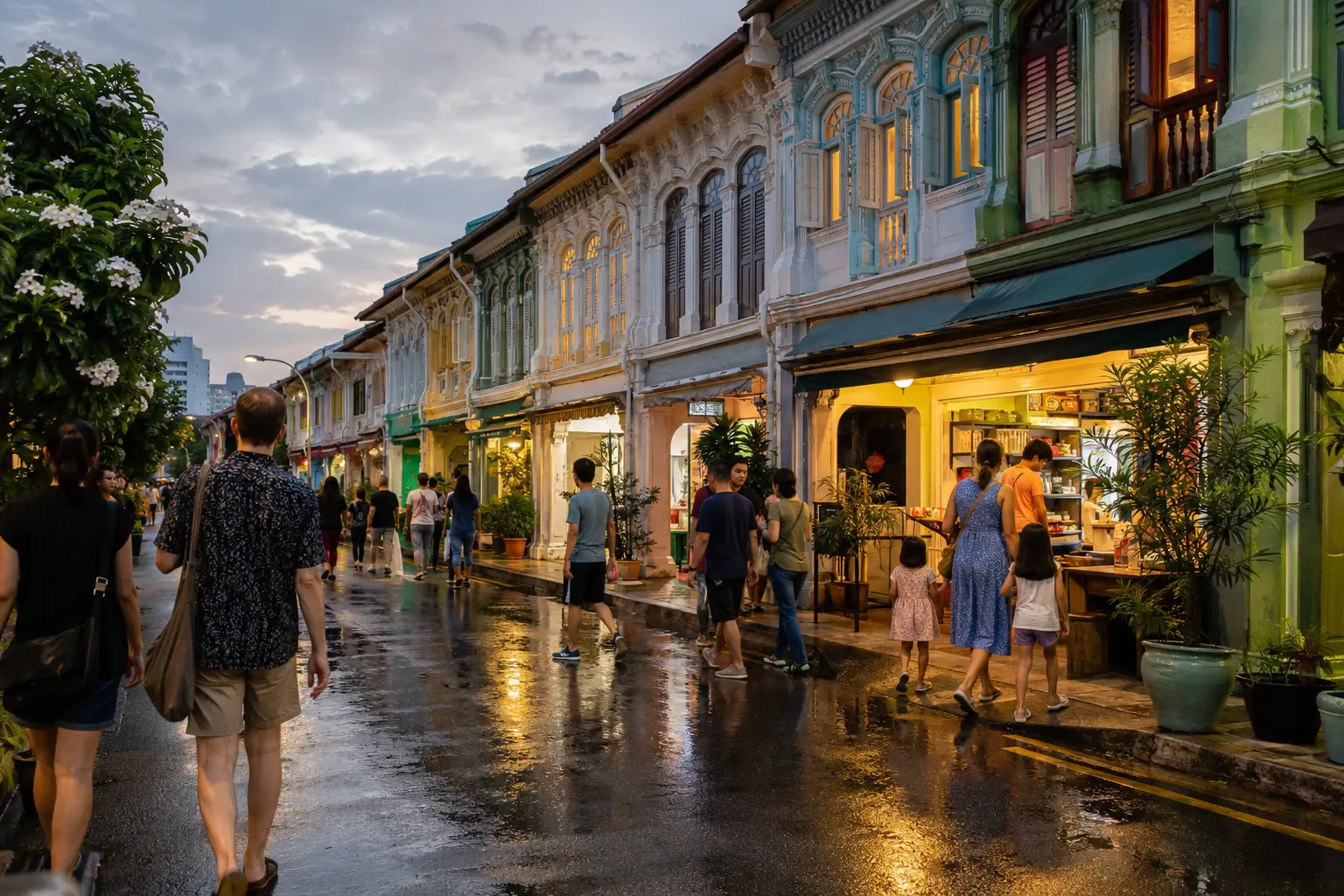 Evening street life beside Joo Chiat shophouses in Singapore