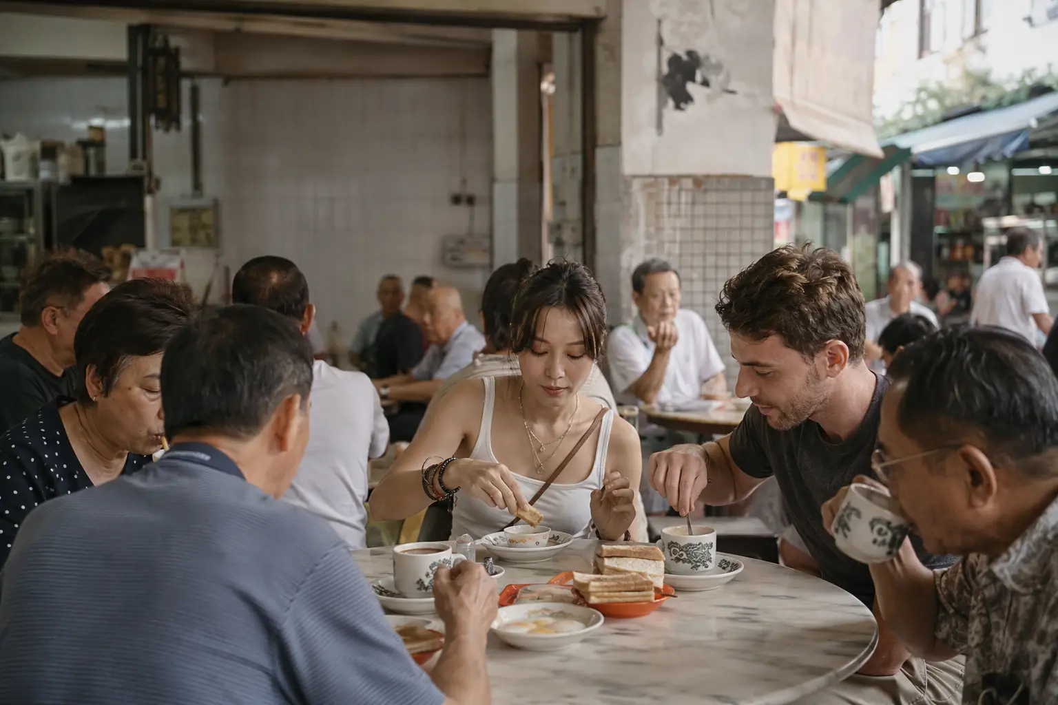 Travelers eating kaya toast and eggs at a Singapore kopitiam