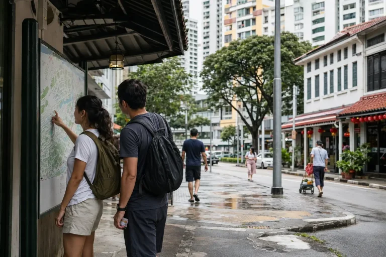 Travelers choosing a walking route through a Singapore neighborhood