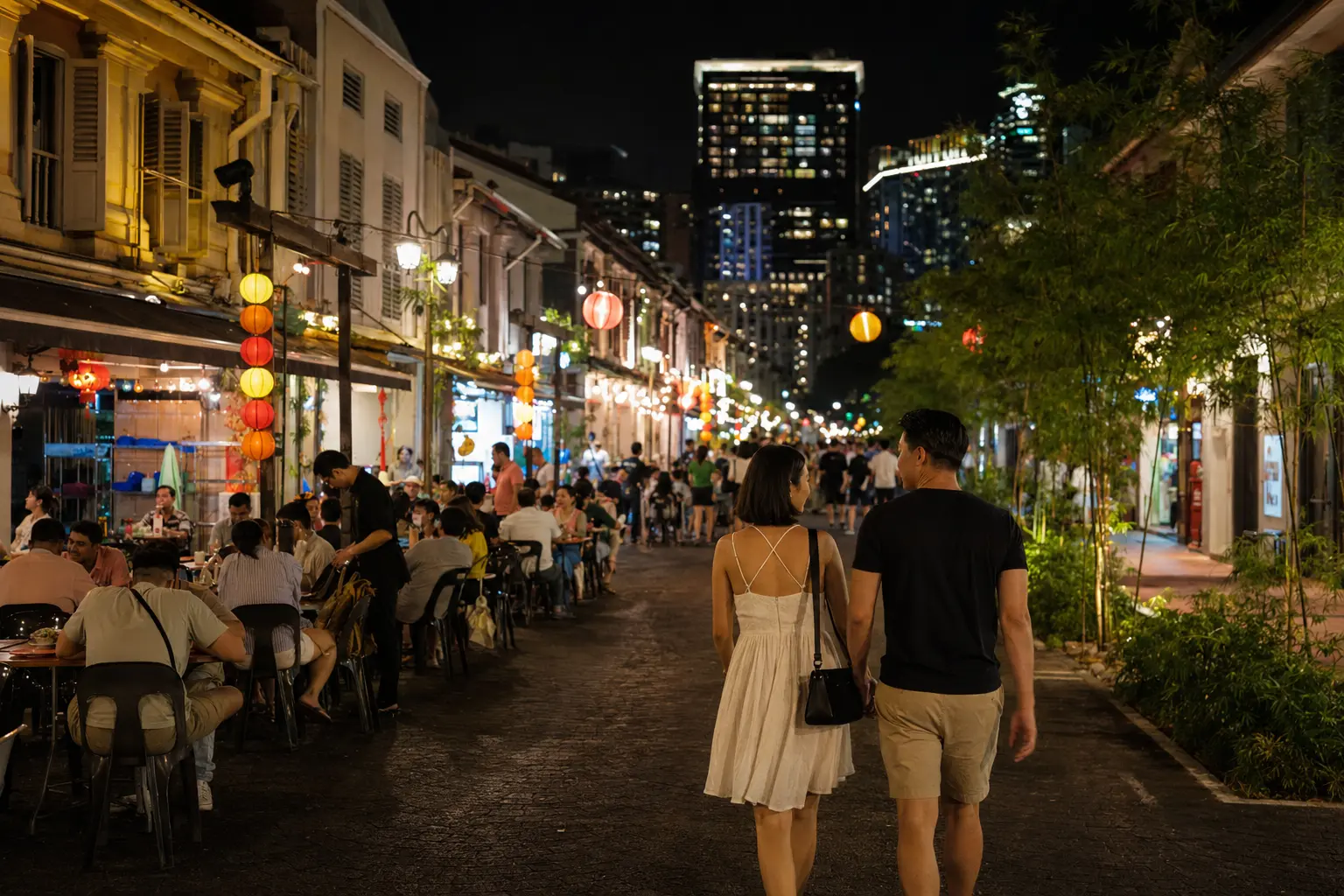 Travelers returning after dinner through Singapore Chinatown at night