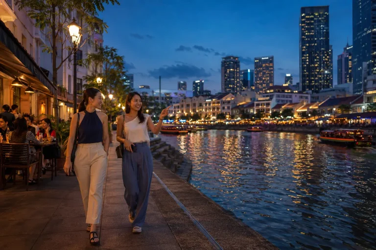 Travelers walking beside the Singapore River at night