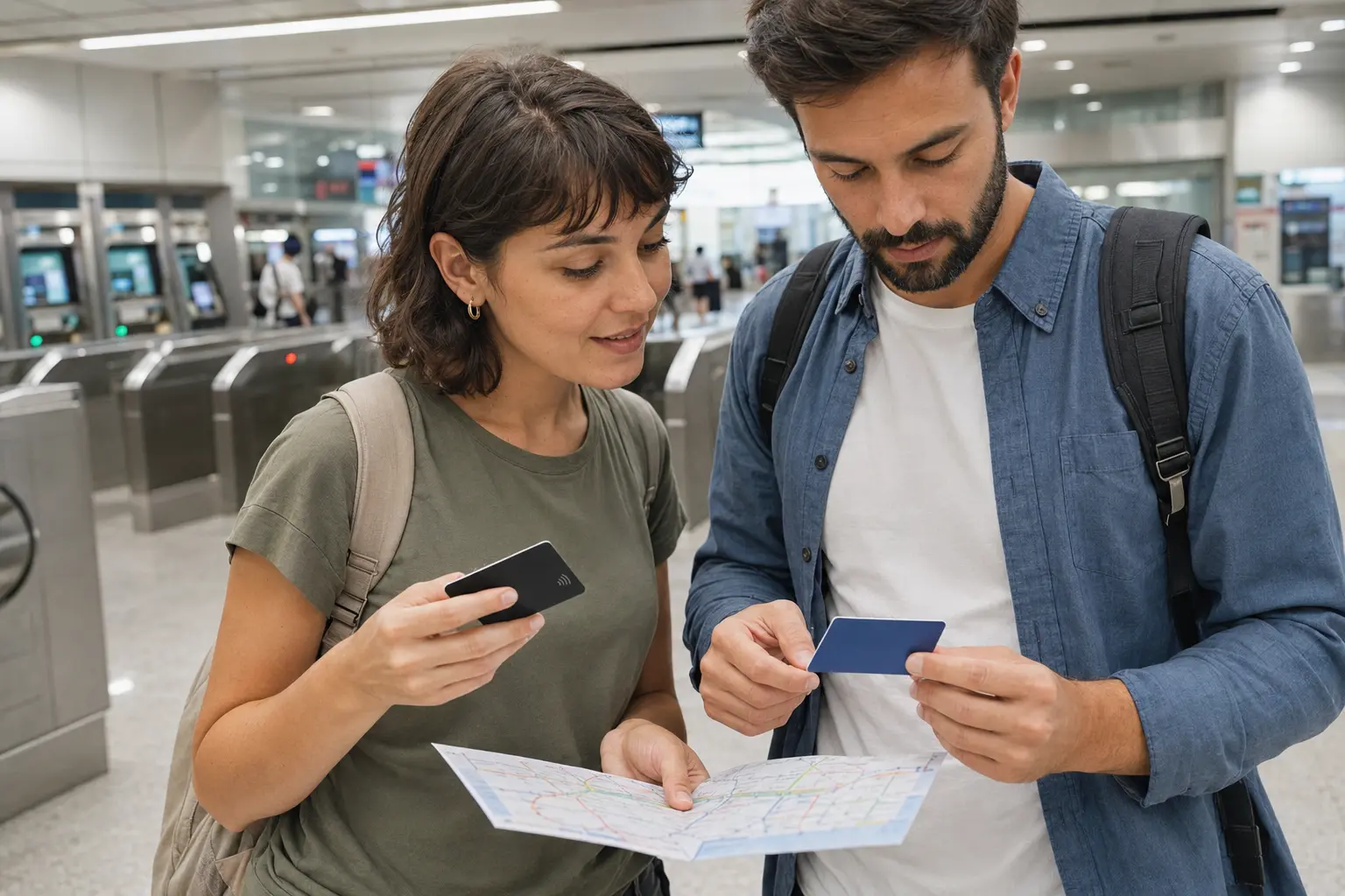 Travelers comparing a bank card with a Singapore transit card