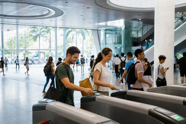 Travelers tapping contactless cards at Singapore MRT gates