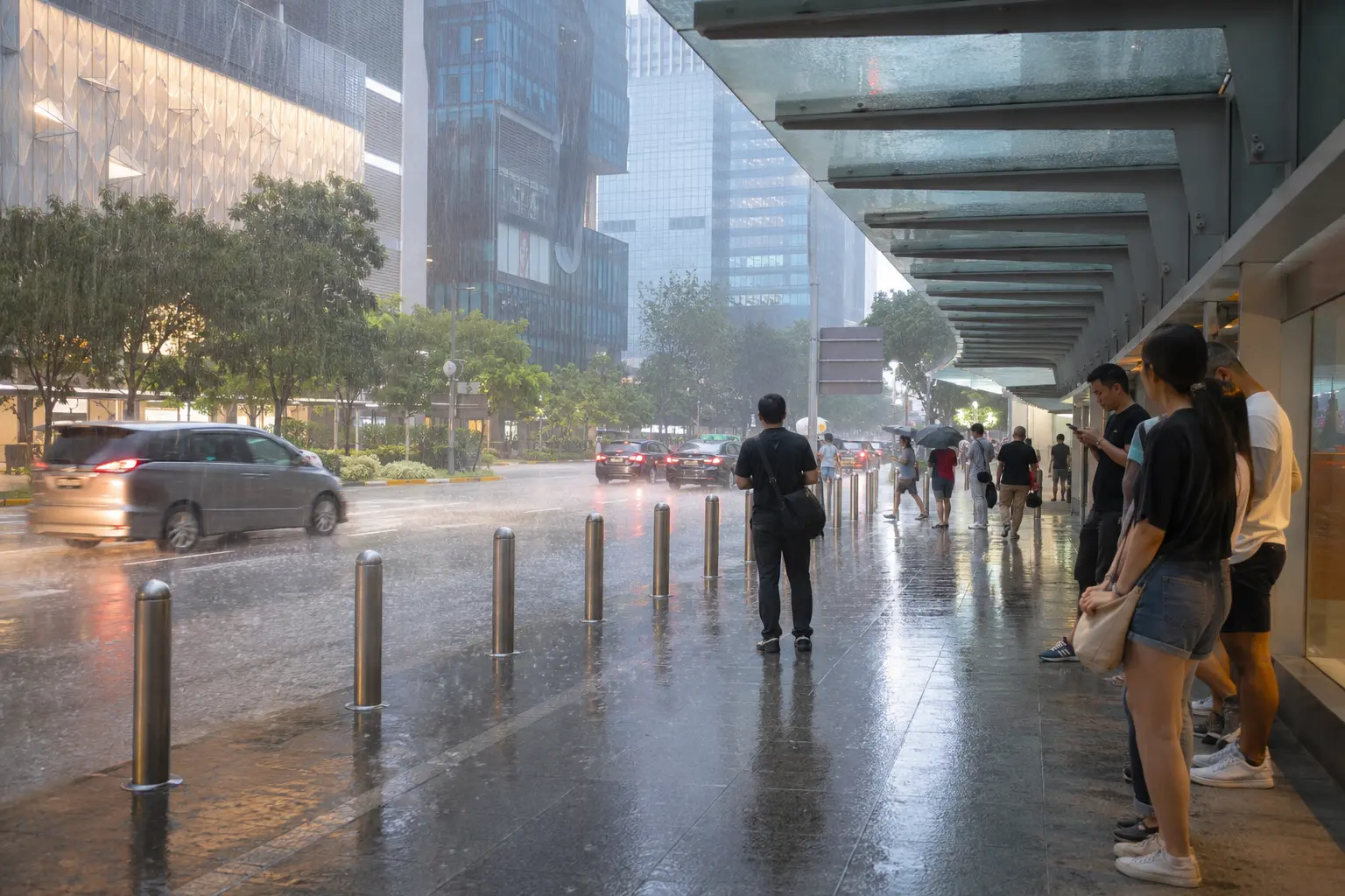 Travelers sheltering from a tropical shower in Singapore