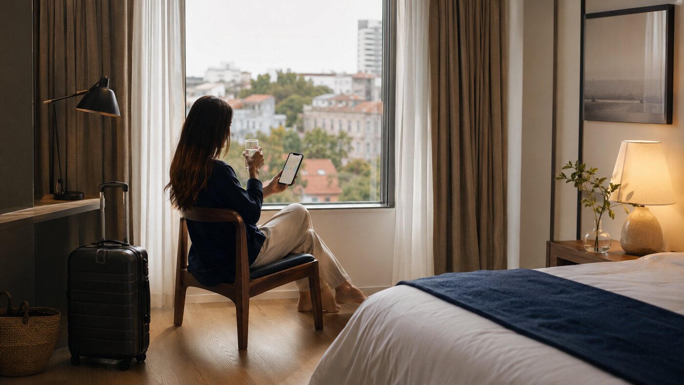 Solo traveler resting after arriving at a hotel