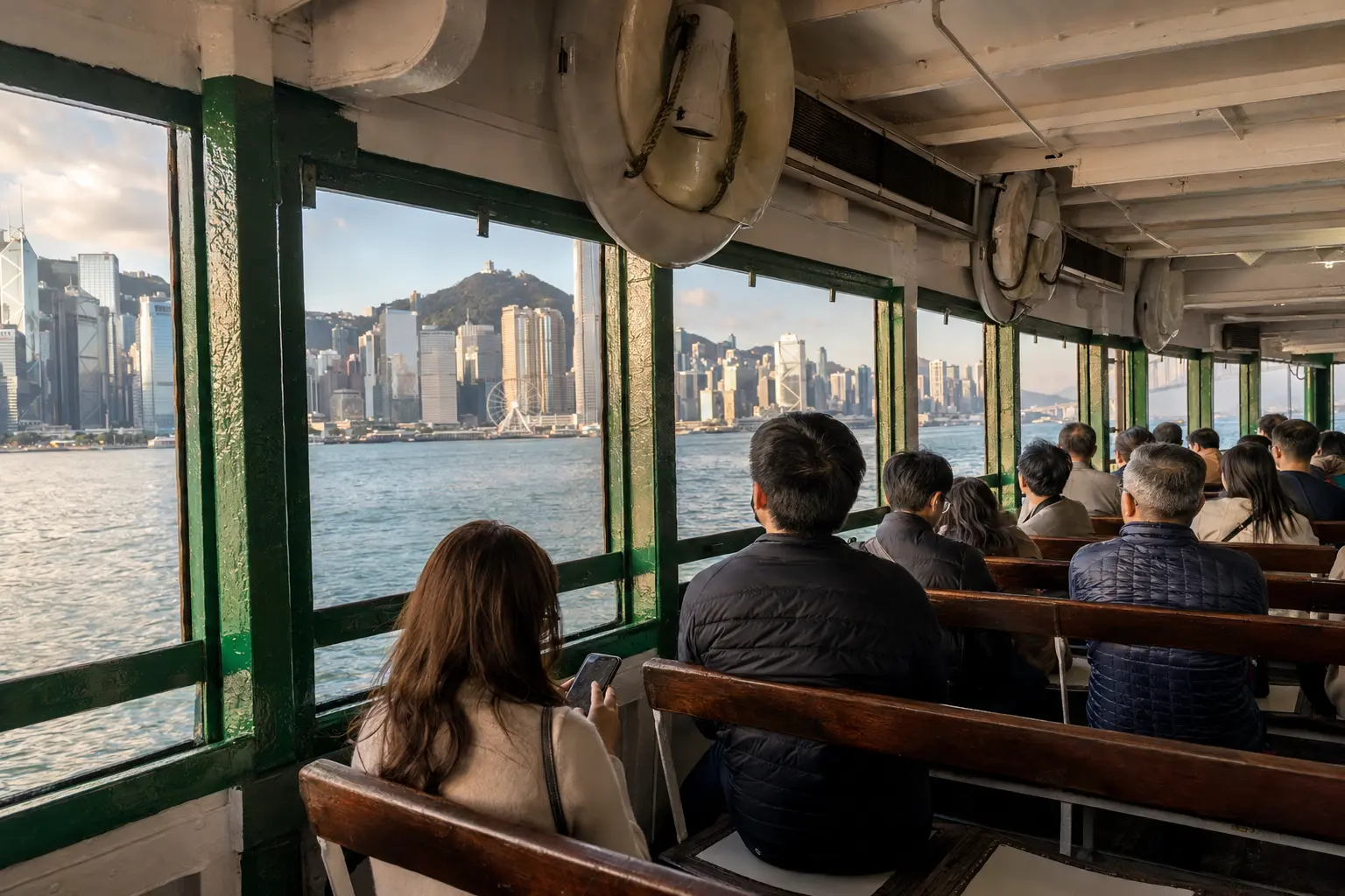 Passengers crossing Victoria Harbour inside a Star Ferry on a Hong Kong sightseeing day