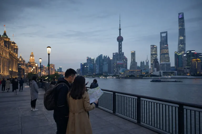 Travelers planning things to do in Shanghai from the Bund at blue hour