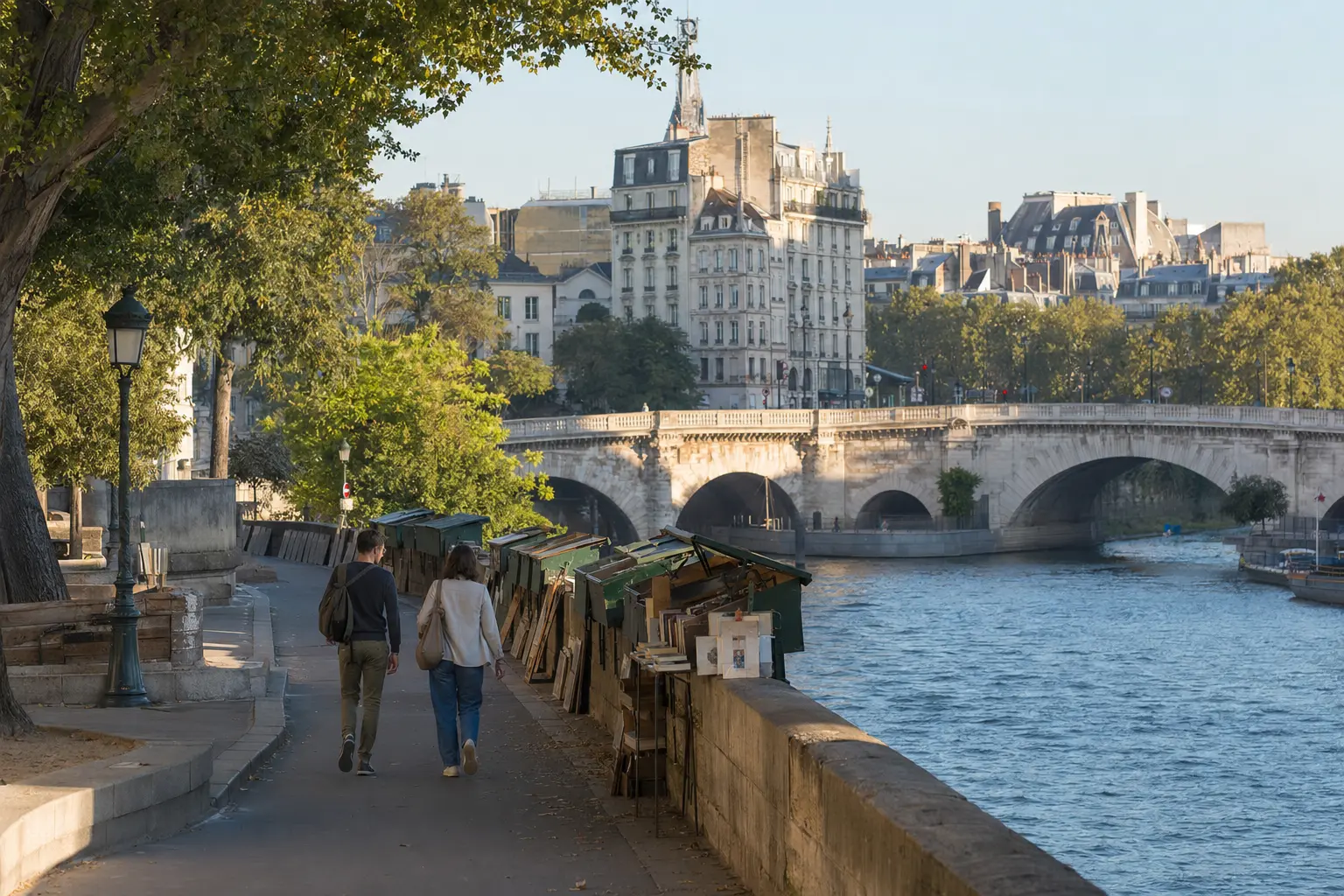 Travelers walking beside bookstalls along the Seine in Paris