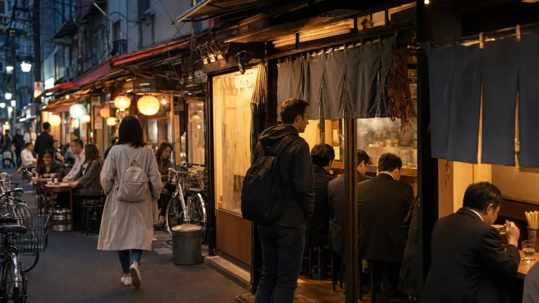 Travelers choosing small restaurants along a Tokyo dining lane at night