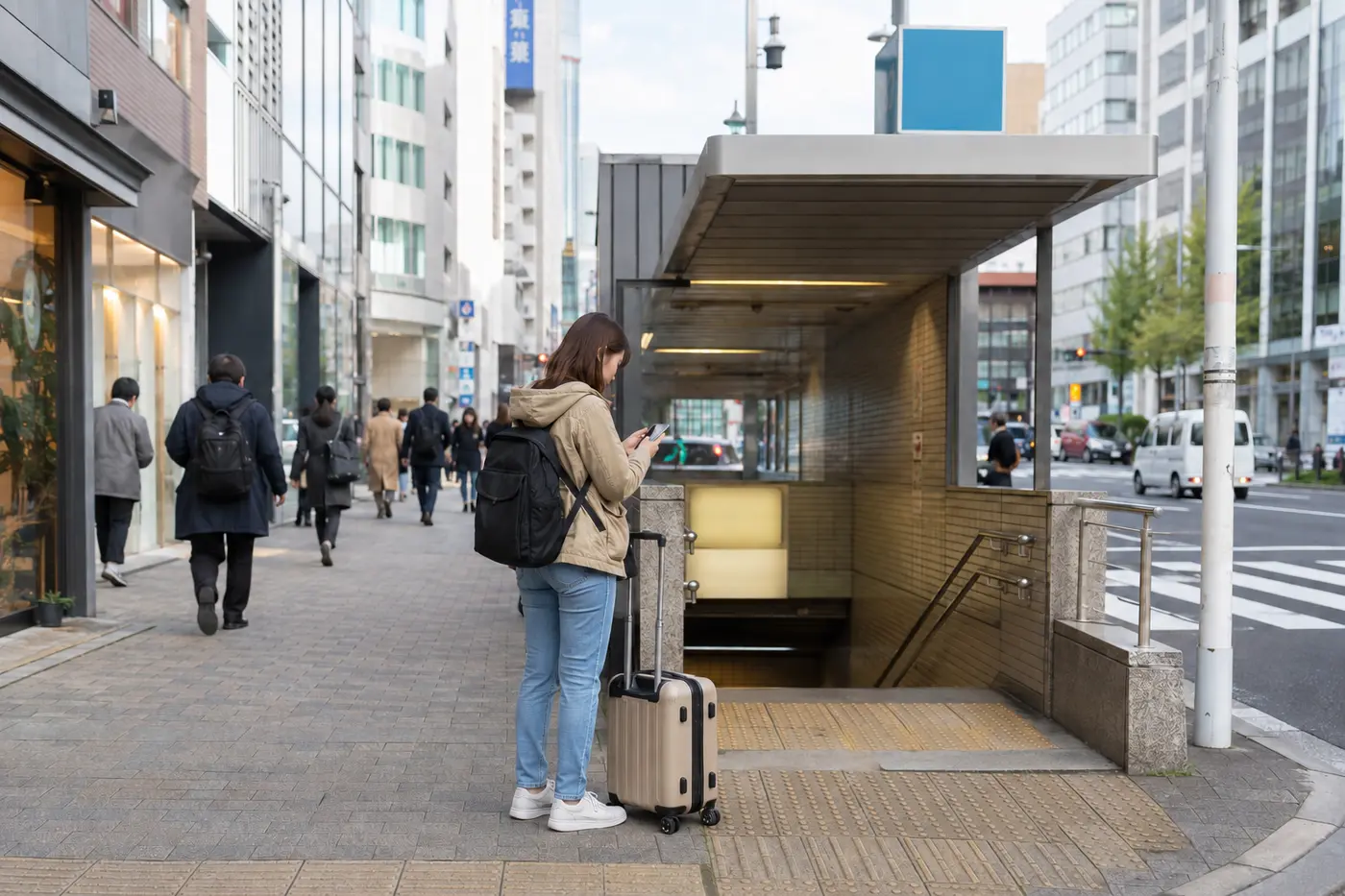 Traveler checking directions beside a Tokyo subway entrance with a suitcase
