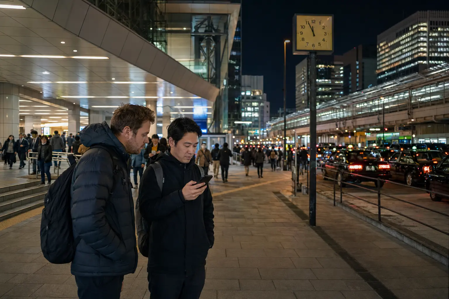 Travelers checking the last train beside a Tokyo station taxi rank