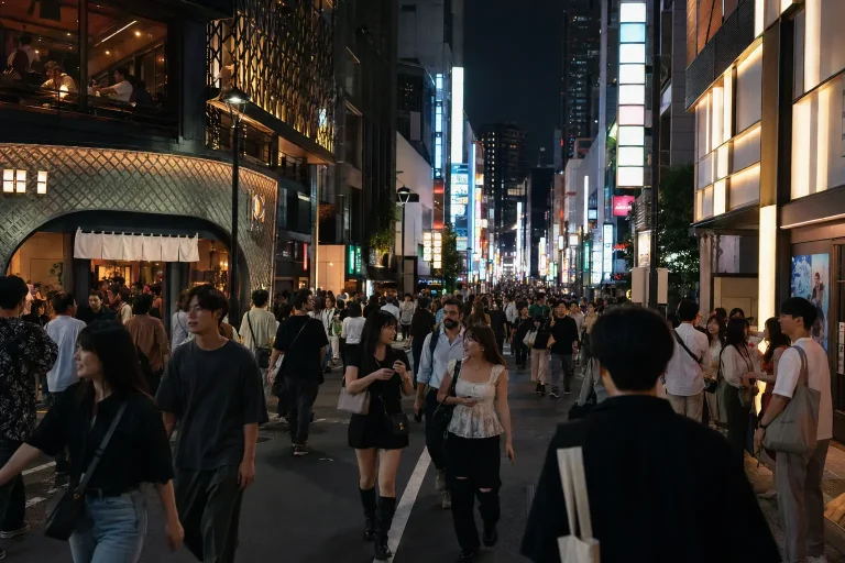 Crowds moving through a restaurant-lined Tokyo nightlife street after dark