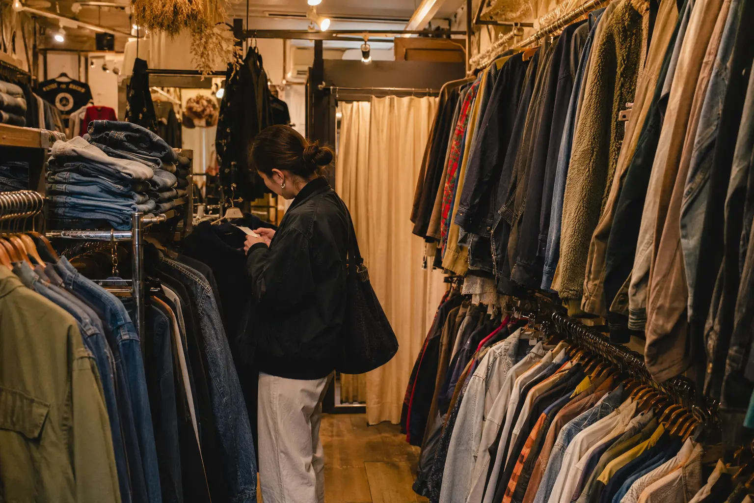 Shopper examining a garment in a compact Tokyo vintage clothing store