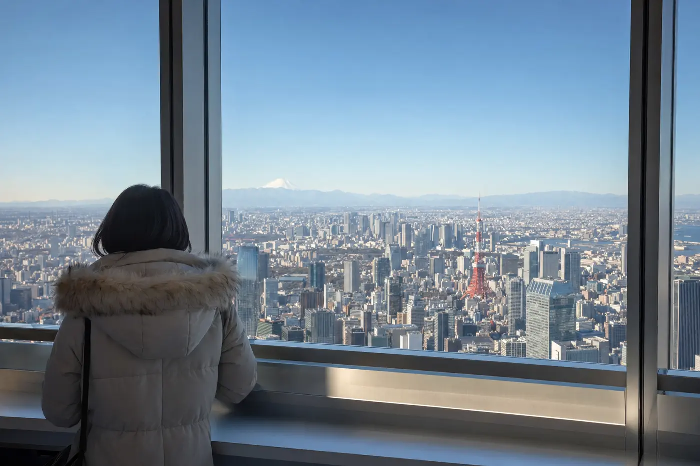 Traveler looking across Tokyo toward Mount Fuji on a clear winter afternoon