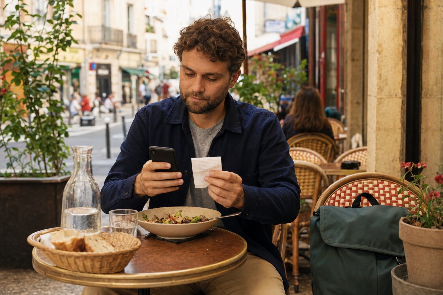 Traveler recording an actual meal expense on a phone during a trip