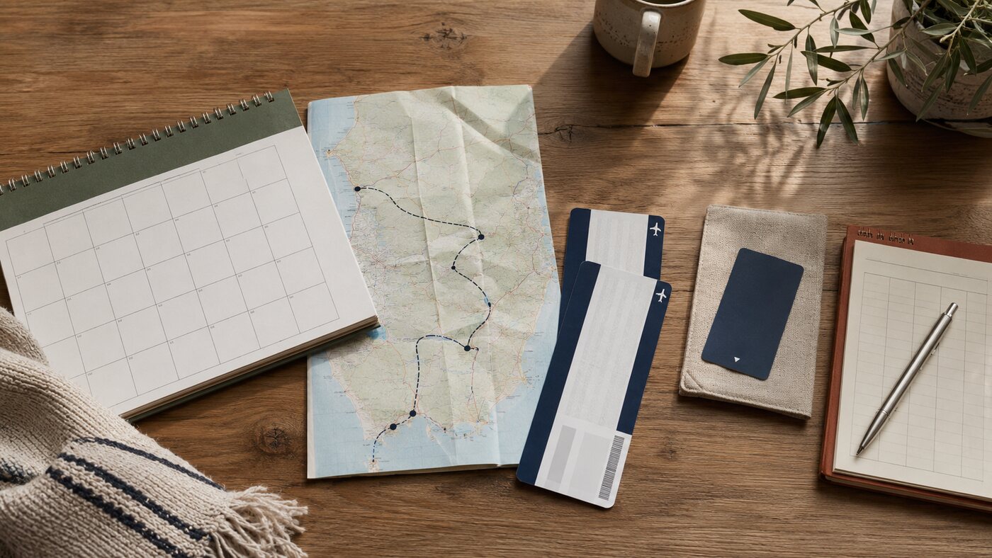 Calendar, route map and booking cards arranged in travel booking order