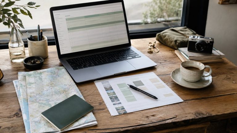 Laptop, printed itinerary and map arranged for travel planning