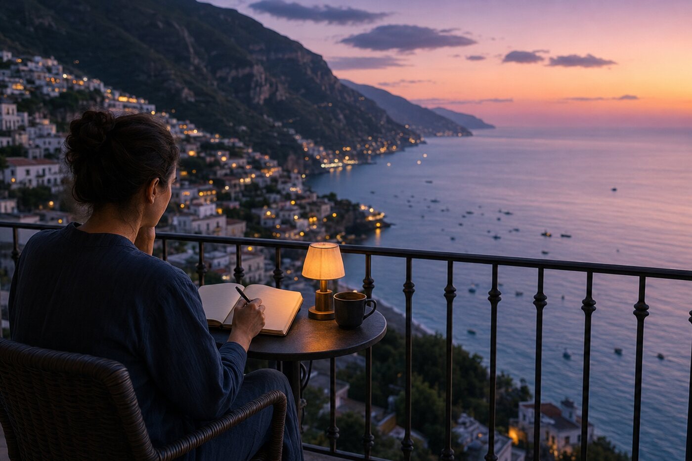Traveller journaling for self-discovery on a coastal balcony
