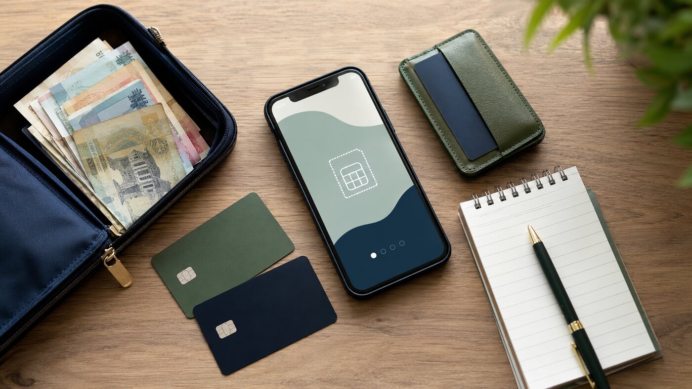 Backup cards, cash and eSIM prepared for travel abroad