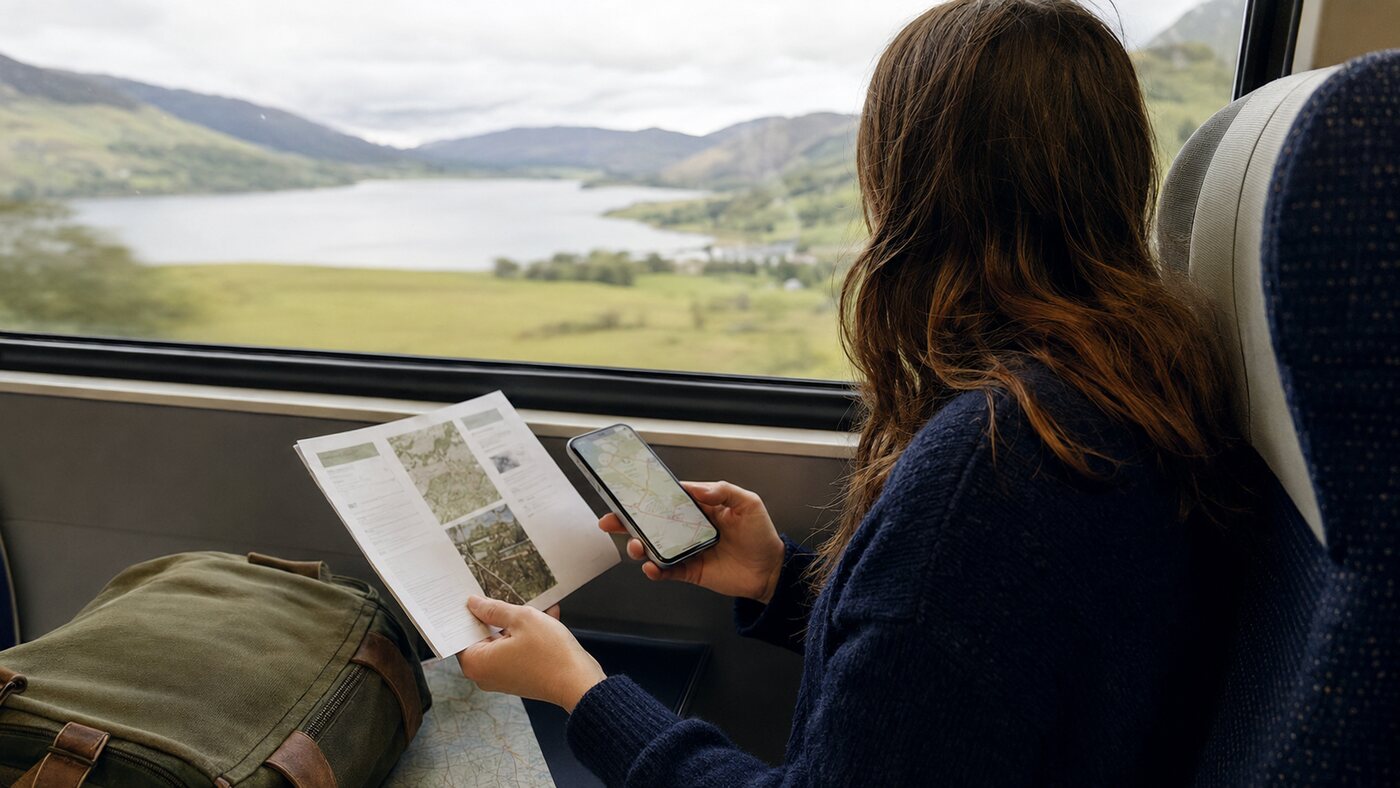 Traveler using a printed itinerary and offline map on a train