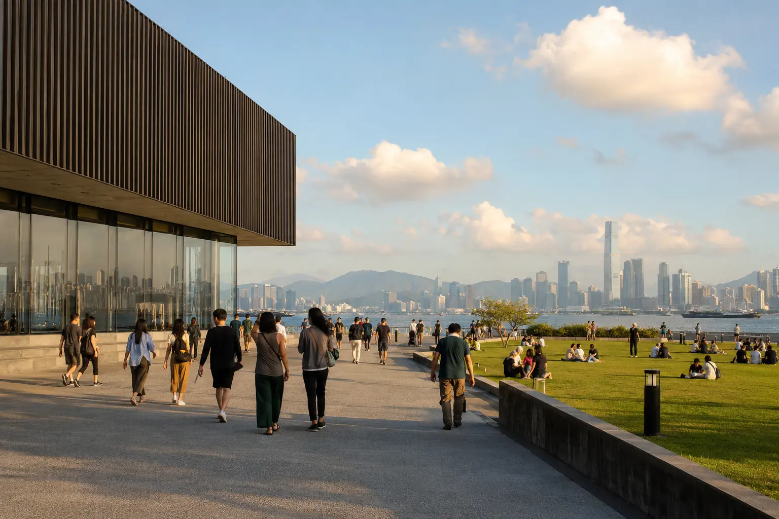 Museum visitors walking between a West Kowloon cultural building and the Hong Kong harborfront