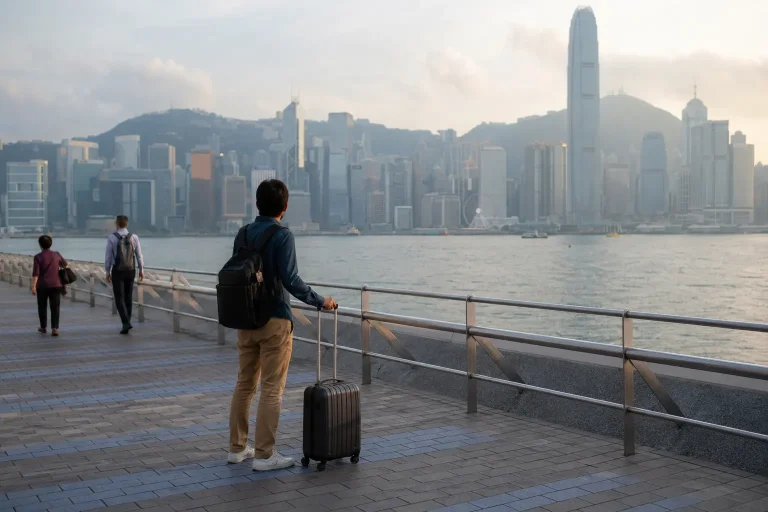 Traveler with a suitcase looking across Victoria Harbour from the Tsim Sha Tsui promenade