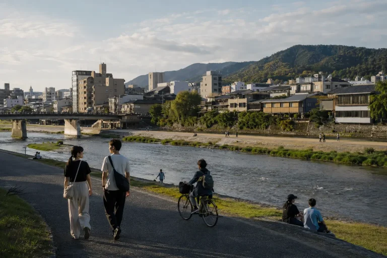 Travelers walking beside the Kamo River between central Kyoto and Higashiyama