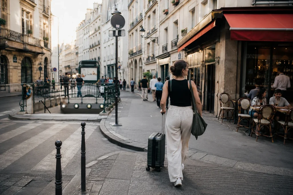 Woman rolling a carry-on past a Metro entrance and café on a central Paris street