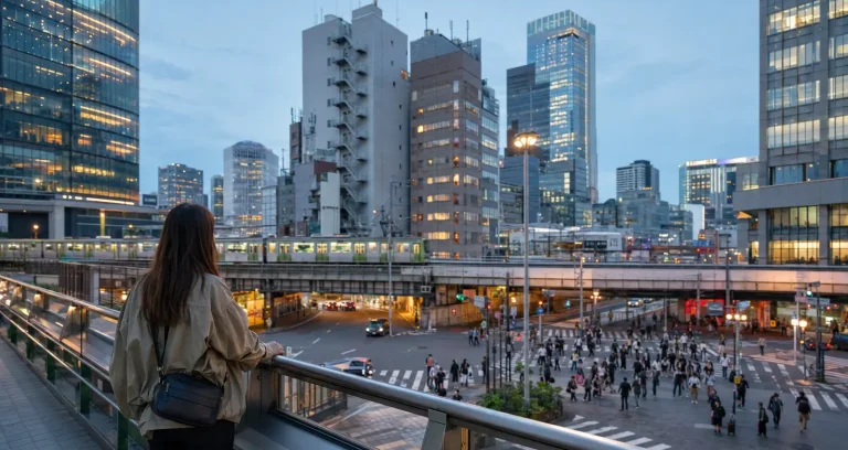 Traveler overlooking central Tokyo neighborhoods and train lines at dusk