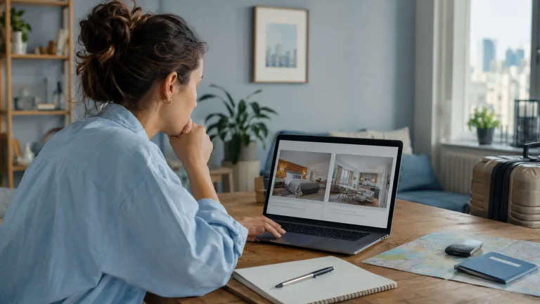 Traveler comparing a hotel room and apartment rental on a laptop