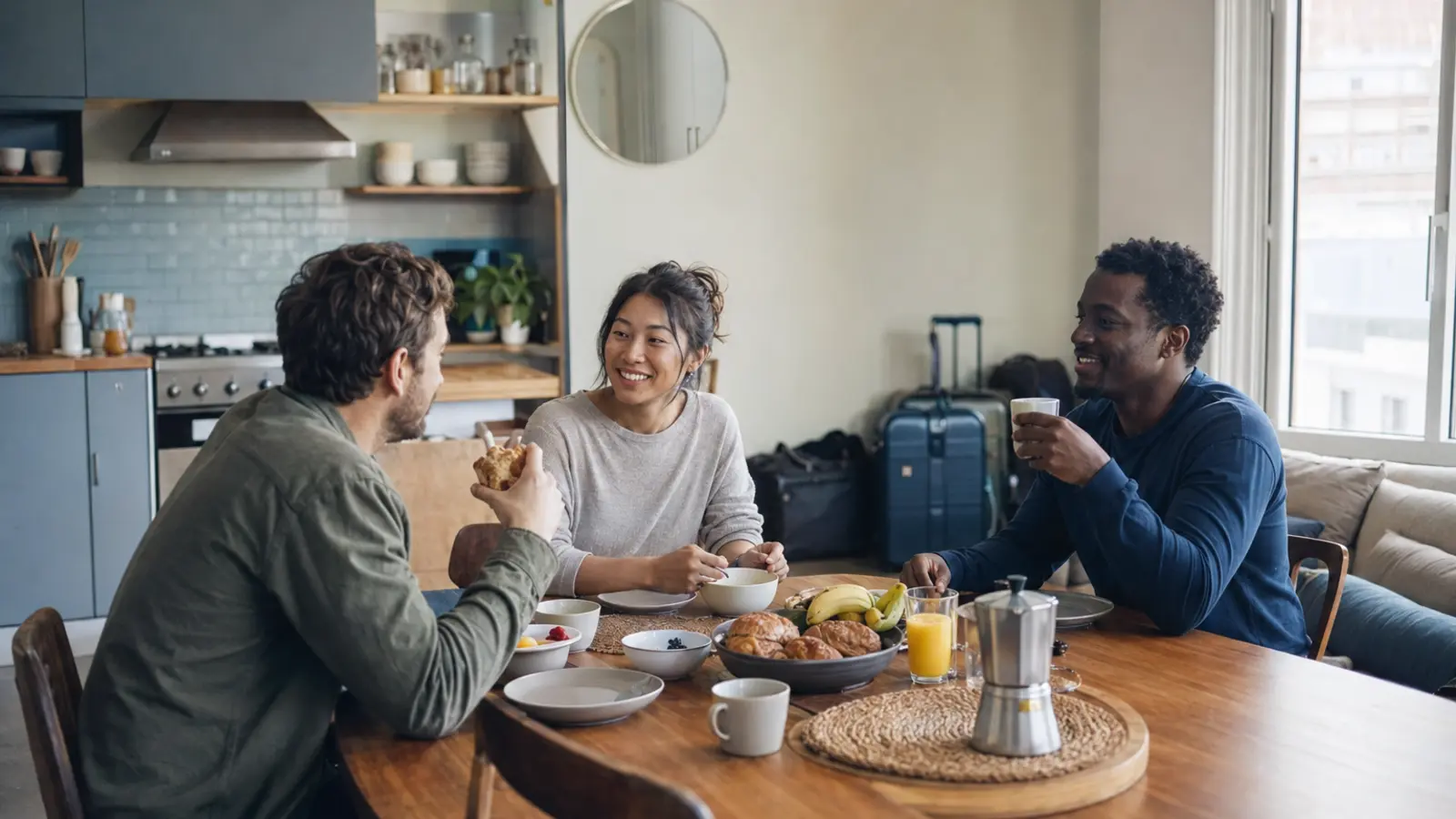 Friends sharing breakfast in a vacation rental with a kitchen and living area