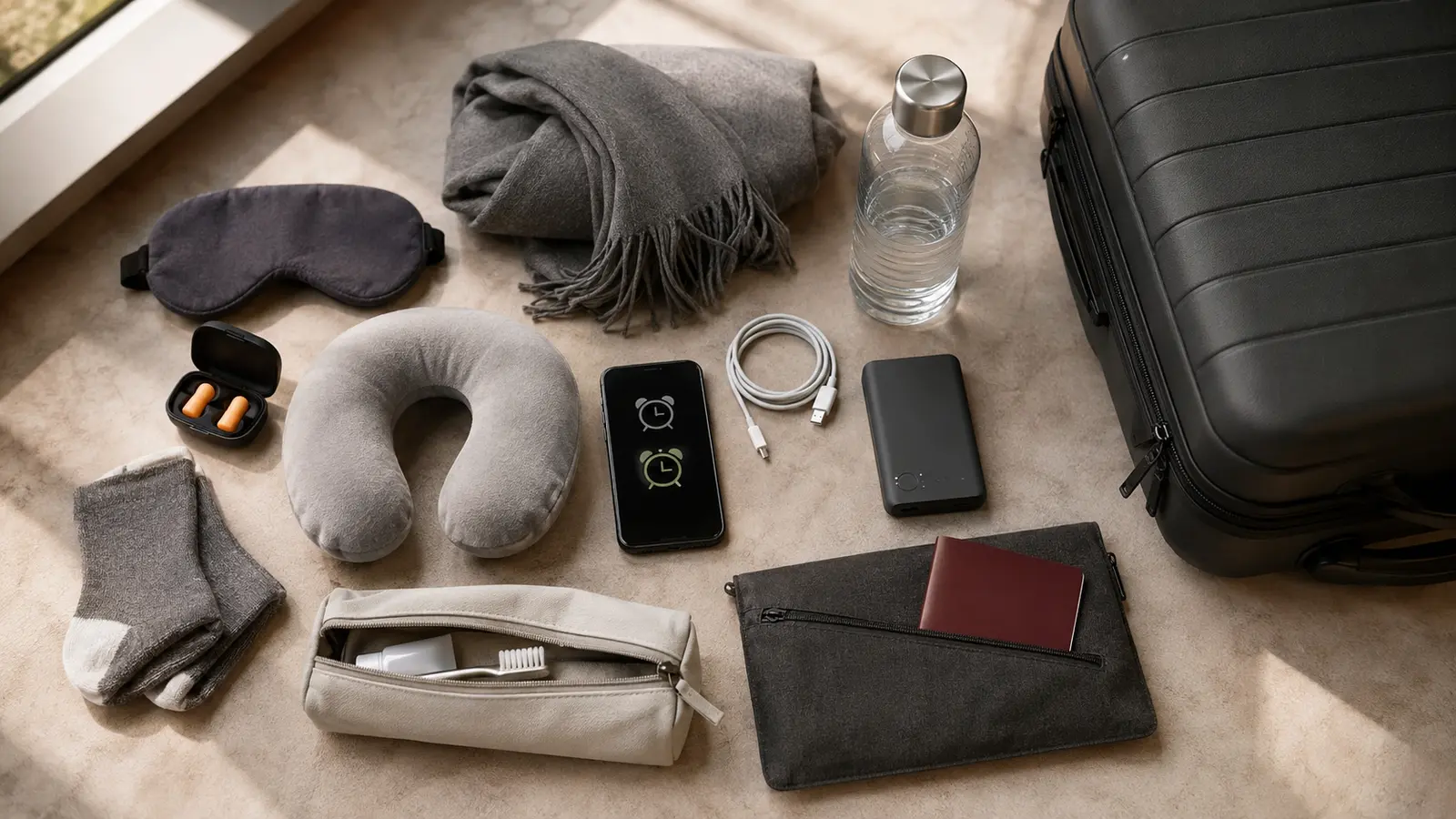 Eye mask warm layer charger and secured carry-on prepared for airport sleep
