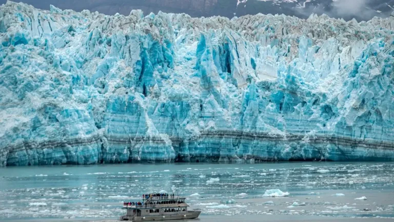 Glacier and snow-covered mountains on an Alaska cruise route