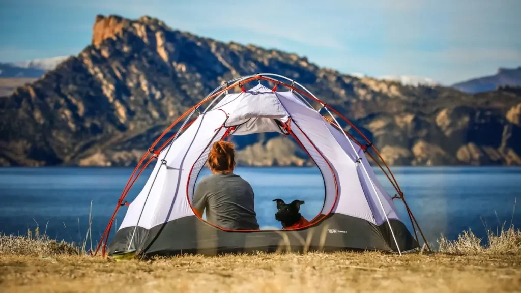 Camper and dog sitting inside a tent beside a mountain lake