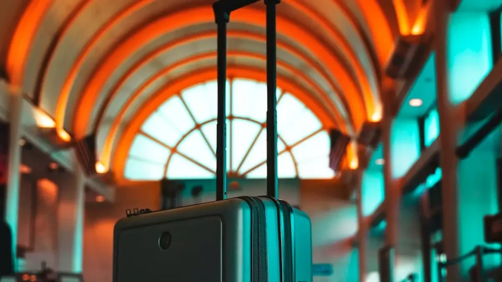 Carry-on suitcase standing in an airport terminal
