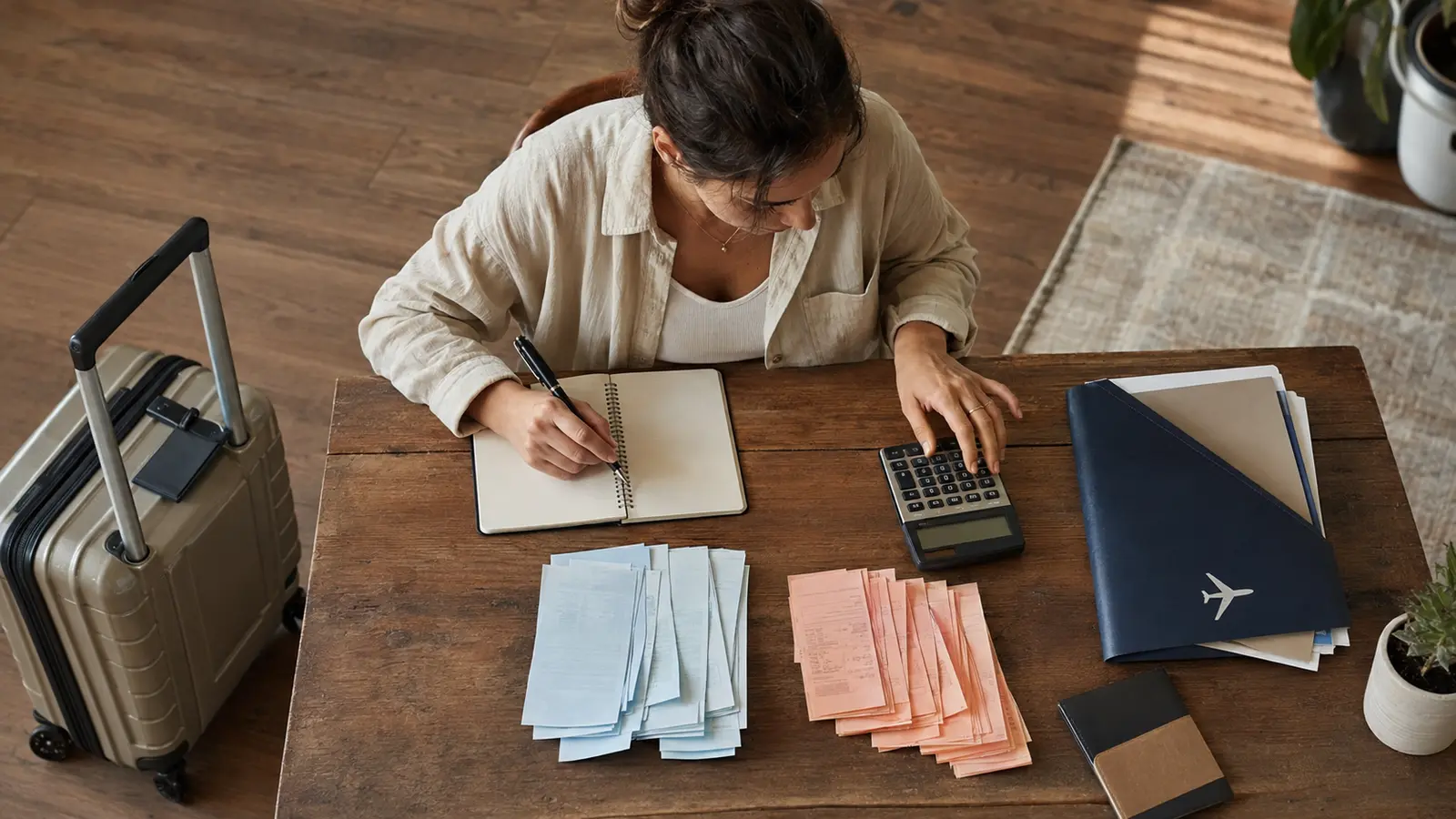 Traveler calculating refundable and nonrefundable trip expenses
