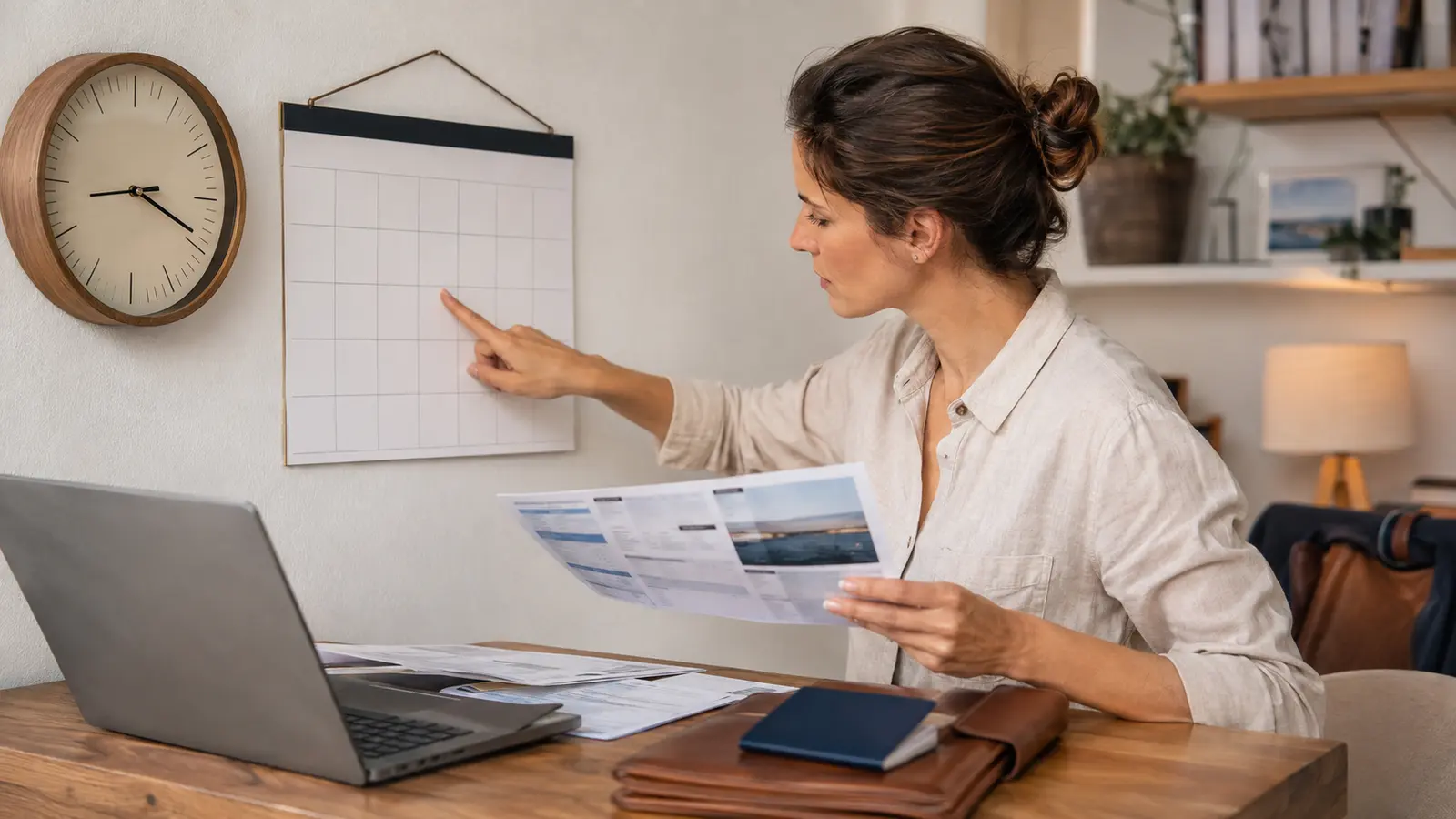 Traveler checking a cancellation deadline beside trip booking documents