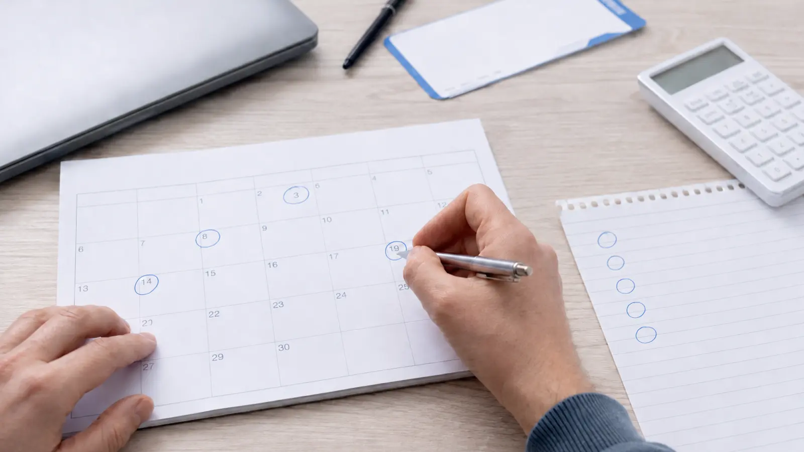Hands circling possible departure dates on a paper calendar