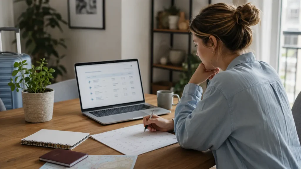 Woman comparing flight prices and travel dates at a home desk