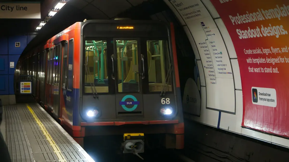 Docklands Light Railway train arriving at Bank station in London