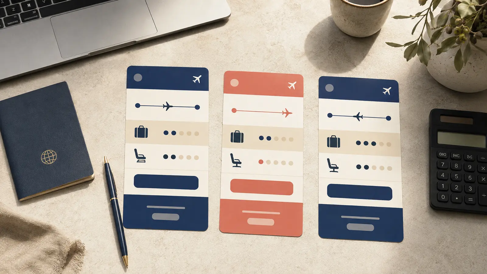 Round-trip and two one-way flight totals compared side by side