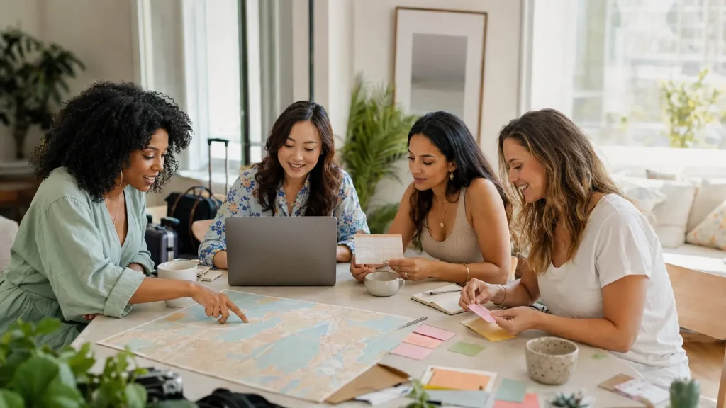 Friends sharing group trip planning tasks around a table