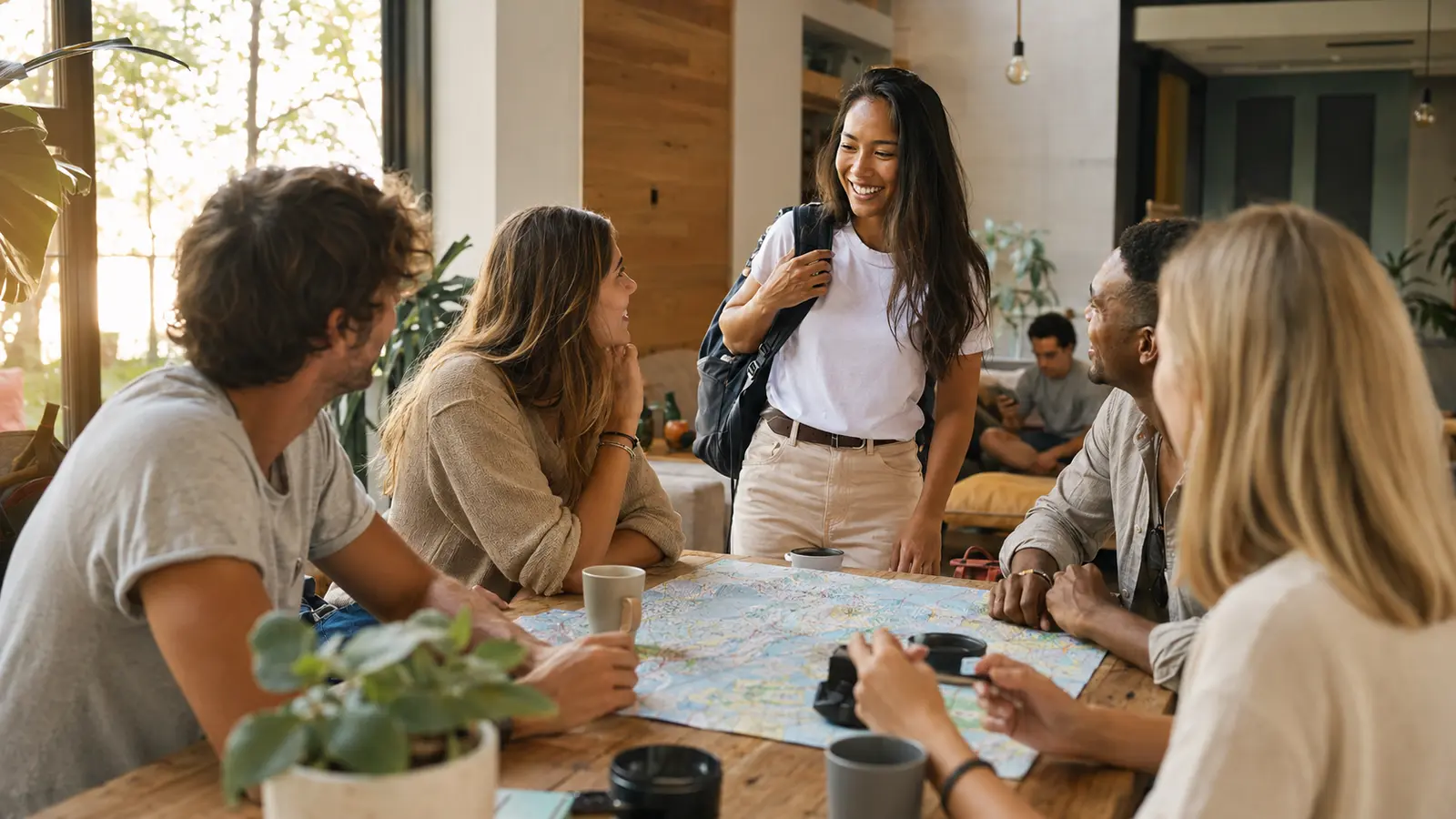 Solo travelers meeting in a comfortable hostel common room