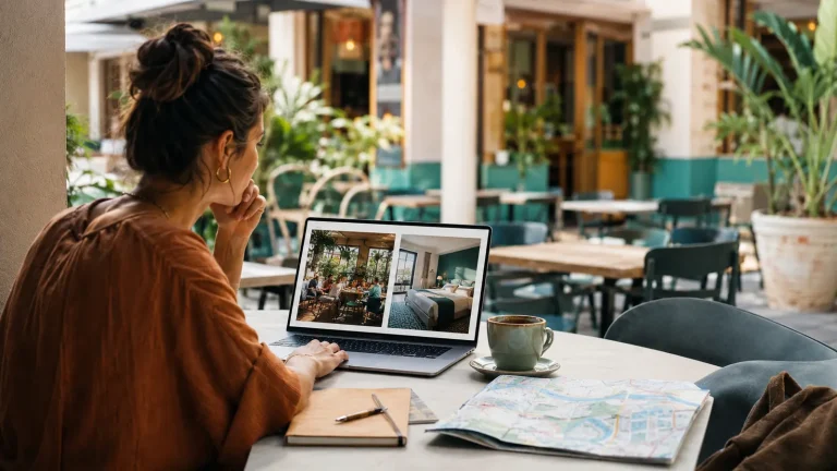 Solo traveler comparing a sociable hostel with a private hotel stay