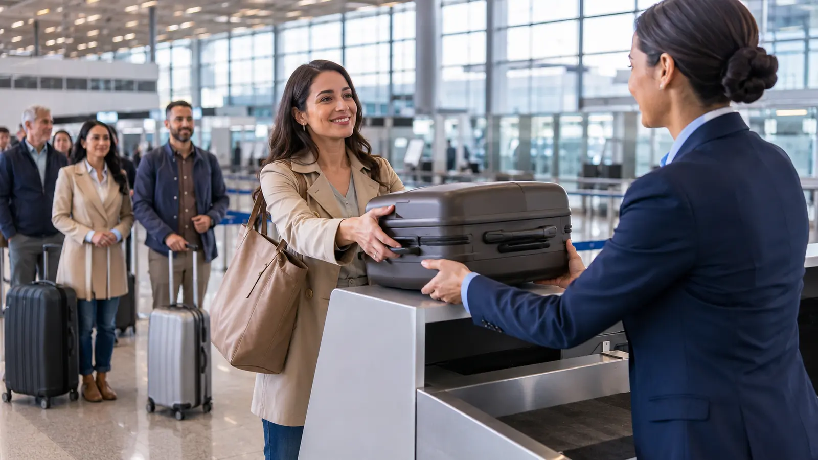Traveler allowing time to check a suitcase at an airline bag drop