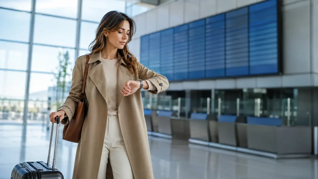 Traveler checking the time beside a departures board at an airport