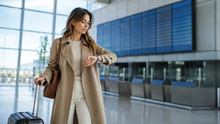 Traveler checking the time beside a departures board at an airport