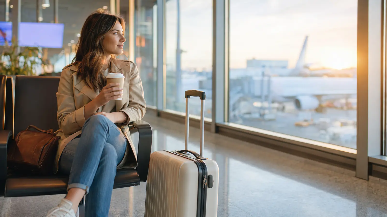 Prepared passenger waiting calmly near an airport departure gate