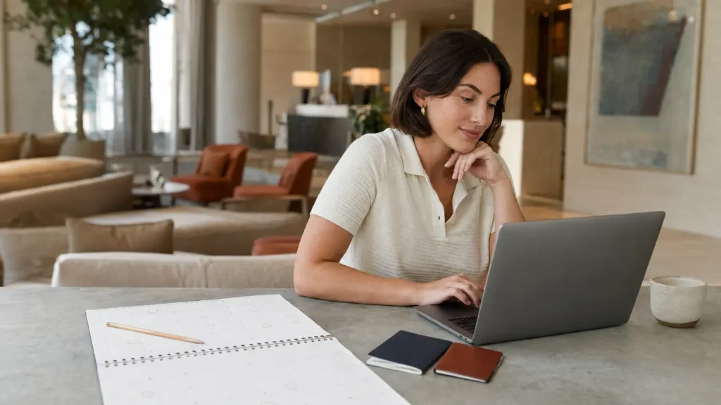 Traveler planning when to book a hotel on a calendar