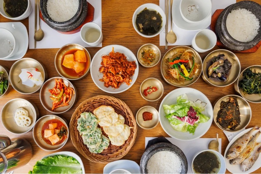 Korean baekban table with rice soup and side dishes in Seoul